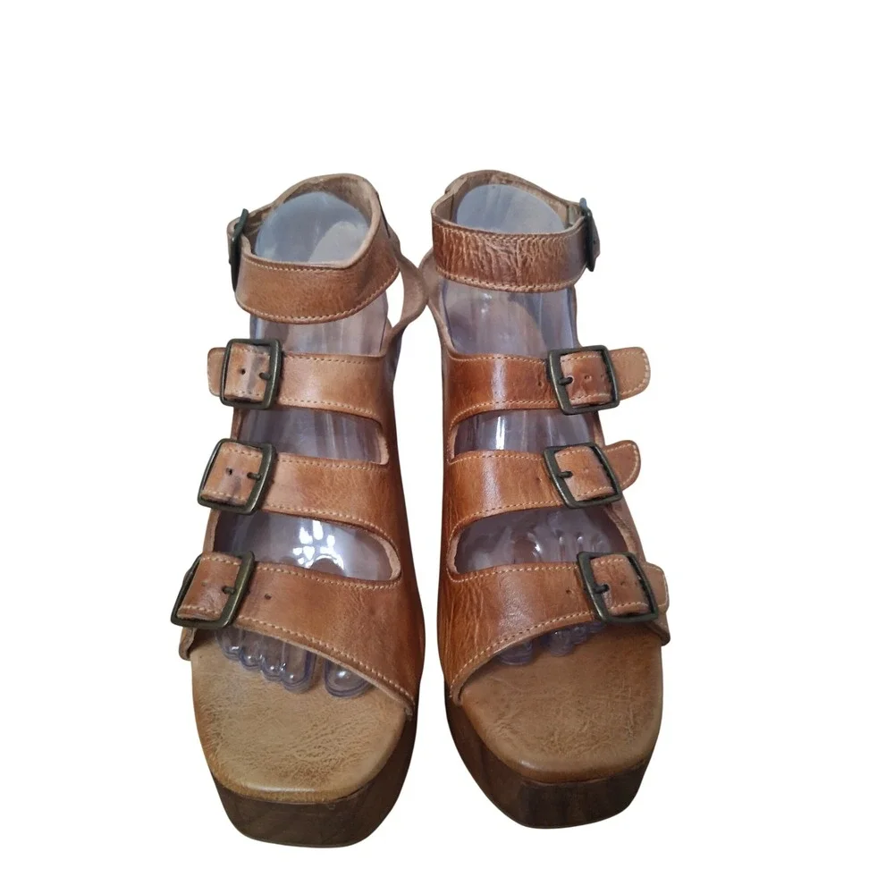 Bed Stu Jordyn Womens size 10 Leather Strappy Wood Chunky Platform Block Heels‎
